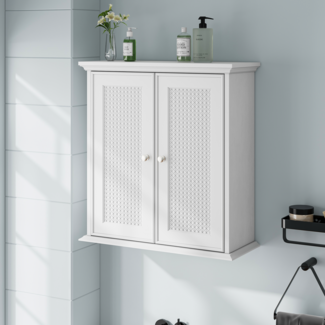Badezimmerschrank mit Rattan-Front, verstellbaren Regalen und großem Stauraum,moderner Badschrank MDF Weiß
