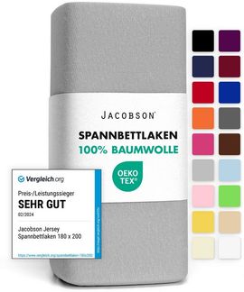 Jacobson Jersey Spannbettlaken Spannbetttuch Baumwolle Bettlaken (90x200-100x200 cm, Grau)