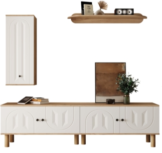 Wohnwand, 3-teiliges Set bestehend aus Highboard, Schränken und Wandboard mit geschnitzten Türpaneelen, MDF, Weiß + Holz