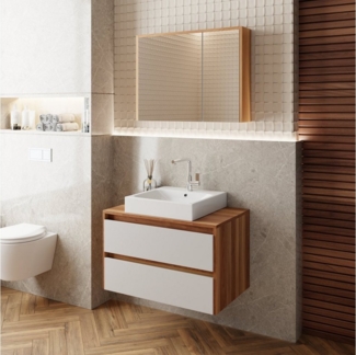 Karen Badmöbel-Set Badmöbel Set Loon, (Komplett-Set 3-Teilig (Unterschrank, Spiegelschrank, Waschbecken), 3-St, Unterschrank mit Schubladen und Konsole, Spiegelschrank), Konsolenwaschtisch, MDF Lam, Softclose, Korpus Matt, Fronten Hochglanz