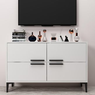 Hanah Home Modern White TV Stand, 120 x 75 x 30 cm | 100% Melamine Coated Particle Board, 18 mm Thick, PVC Legs | Stylish & Functional for Living Room