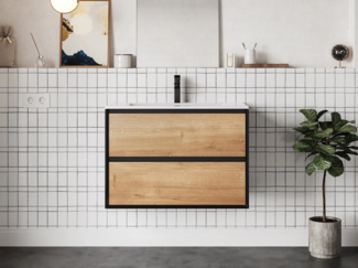 Vente-unique - Waschbeckenunterschrank hängend mit Einbauwaschbecken - Holzfarben hell & Schwarz - 80 cm - LANNICK