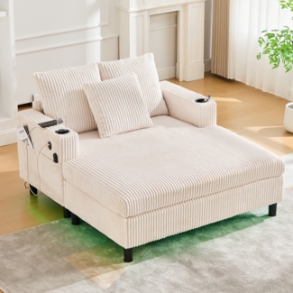 LVHOM Schlafsofa mit LED & USB, Cordstoff Palmensessel, Loungesofa mit Seitentaschen & Getränkehalter, 350kg Tragkraft, 128x85x142 cm, Beige