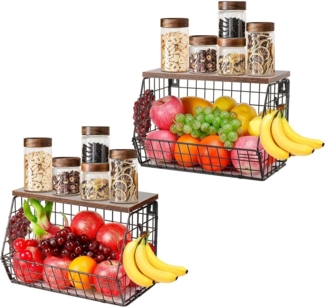 BlingBin Hängekorb 2 Obstkorb Stöckig Etagere Hängend, Obstschale Wand für Küche (2 Stück, 2 St, 30L x 15,5B x 21,5H cm), Obstkorb für Küche mit Holzdeckel mit 4 Haken