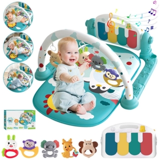 Krabbeldecke Spielmatte mit Spielbogen Baby Lernmatte Spieldecke Erlebnisdecke, ZEUOPQ, mit lustigen Tiermotiven und 5 hängende Cartoon-Spielzeuge.