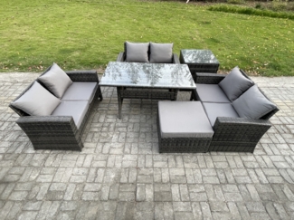 Fimous 7 Sitzer Polyrattan Gartenmöbel Set Terrassen Set mit Esstisch Doppelsitzsofa Großer Fußhocker Beistelltisch