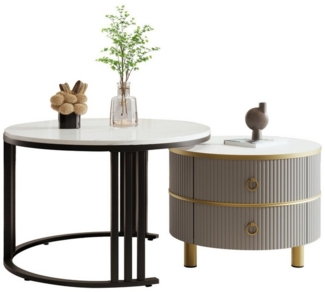OKWISH Couchtisch 2-in-1 runder Couchtisch (Beistelltisch mit glänzender Platte und 1 weißer Marmorplatte, 2-St), 70*70*45+50*50*40 cm