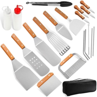 LuxusKollektion, 20-teiliges Profi-Grillzubehör-Set mit Tasche, Edelstahl / Holz natur