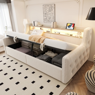 Merax Polsterbett Einzelbett Schlafsofa 90 x 200 cm, Mit hydraulischem Stauraum, Mit LED-Beleuchtung, Ablagefach, Steckdose und Ladeanschluss, Beige