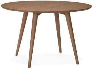 Runder Walnuss Esstisch 120cm | Esszimmertisch Holzmaserung | Küchentisch Skandinavisch | Wohnzimmertisch | MDF Tischplatte 2,5cm Stark | 4 Fuß Gestell | Warmer Farbton | Zeitlos | LIRAXO