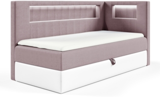 MEBLINI Kinderbett mit Bettkasten GARETH 3 90x200 Rechts – H3/Lila Samt Gepolstert Einzelbett mit Matratze - Polsterbett mit Stauraum - Bett mit Kopfteil – Stauraumbett