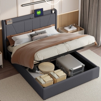 Furnishings Home Polsterbett Stauraumbett Doppelbett Mit Ladefunktion (hydraulisch hebbarem Stauraum), Mit 2 USB + 1 TYPE-C, Leinen, 160x200 cm