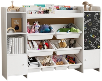 FUROKOY Bücherregal Kinderregal Spielzeugregal, mit 4 offenen Fächern, 8 Boxen und 3 Lagerschränke mit Türen, Weiß Kinder Bücherregal aus Holz, mit Tafel, 137 x 30 x 94.5 cm