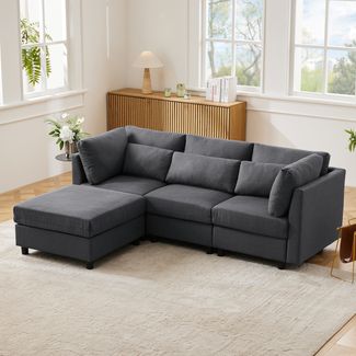 L-Form Ecksofa mit Fußhocker & hoher Rückenlehne, Leinen, 220x83x81 cm, Grau