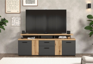 trendteam smart living - Esteban - TV-Schrank - Grau/Eiche - Lowboard mit 4 Türen, 1 Schublade, 1 Klappe, 3 offene Fächer - (BxHxT) 180 x 67 x 47 cm - 2 Türen in Rillenoptik, rechts/Links montierbar