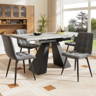 Merax Essgruppe (5-tlg),Esstisch-Set, Ausziehbares Esstischset für 4 Personen,160×80×75cm Esstisch mit 4 Esszimmerstühlen,Grauer Samt-Esszimmerstuhl, Grauer Tisch mit Säulenfüßen