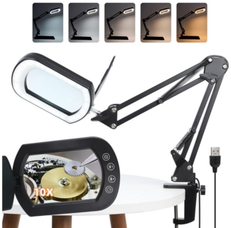 QUBEBU Lupenlampe LED Lupenleuchte 10X Dioptrien Lupenlampe Clip-On, 5 Farben, Dimmbar, LED fest integriert, 12 cm Linse, Modellbau- & Arbeitslampe für handwerkliche Reparaturen, Hände Frei für Handwerk Hobby Malerei Schließen Arbeit