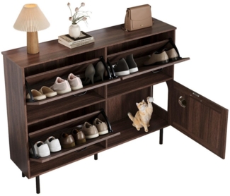 Refined Living Schuhschrank Schuhschrank mit 3 Klappen & 4 Türen,Schuhregal Flur,Schuhaufbewahrung (120 L × 28 B × 92 H (cm), Schmaler Schuhschrank aus Spanplatte in Walnussholz-Optik mit schwarzen Griffen, atmungsaktive Rückwand,mit integriertem Katze...