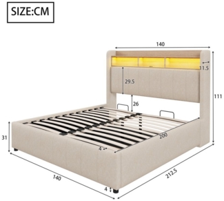 Celya Polsterbett Doppelbett mit LED-Beleuchtung und USB-Steckdose (Ohne Matratze, Erwachsenenbett Doppelt, Leinenstoff, 140*200cm), Kopfteil mit Einlegeböden und Stauraum, Mit Hydraulik für die Lagerung