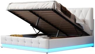 FUROKOY Polsterbett Super dick gepolstertes Bett Stauraumbett Doppelbett (140x200cm,mit höhenverstellbarem Kopfteil), Jugendbett mit hydraulischer Lagerung,Weiß,Mit LED-Licht