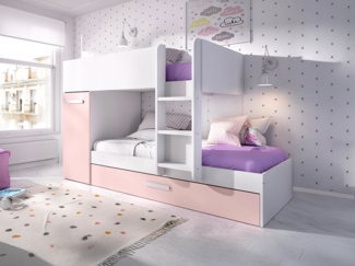 Vente-unique - Etagenbett Ausziehbett mit Stauraum + Matratzen - 3x 90 x 190 cm - Weiß, Naturfarben & Rosa - ANTHONY