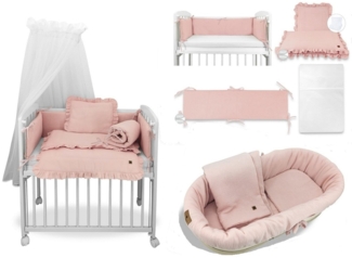 Beistellbett 40x90 mit Matratze, Himmel & 6tlg. Musselin Rosa Bettwäsche + Wagen-Set