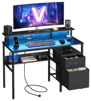 Vasagle Schreibtisch mit Schubladen, Computertisch mit Monitorständer, LED-Beleuchtung, 55 x 120 x 90 cm, eingebaute Steckdosen, 2 USB-Anschlüsse, für Homeoffice, ebenholzschwarz LWDDE093B01