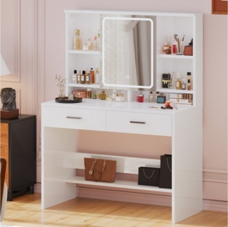 Furnicopia Schminktisch Mit LED-Beleuchtung Mit Schublade, Ablagefach, einstellbare Helligkeit (Größe: 90*40CM, mit 6 Ablagefächern, 2 Schubladen, 3 Farben verfügbar, erste Wahl für Geschenke)