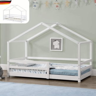 DELUKE® Kinderbett 80x160 cm TRUDA - mit Lattenrost und Fallschutz Kiefernholz Haus-Design Einzelbett Hausbett Kinderzimmer Bodenbett Montessori Bett Weiß