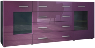 Sideboard Kommode Grömitz V2, Korpus in Schwarz matt / Front in Brombeer Hochglanz (166 x 72 x 35)