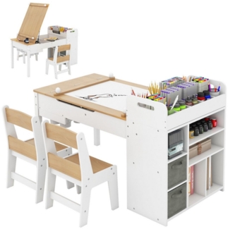 COSTWAY Kinderschreibtisch (3-St), Kindersitzgruppe mit klappbarer Tischplatte