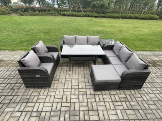 Fimous 7 Teil Rattan Gartenmöbel-Set mit Terrassen Sofa Rechteckiger Esstisch Großer Fußhocker Beistelltisch Terrassen Set