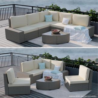 Terrassen - Lounge Set Rattan Grau Bezug Beige