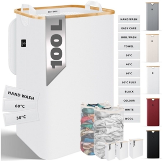 KESSER® Wäschekorb mit Deckel faltbar Wäschebox Wäschetruhe Wäschetonne | Wäschesammler mit herausnehmbaren Wäschesäcke | Laundry Baskets Wäschesortierter inkl. Waschhinweisen Weiß, 100 L