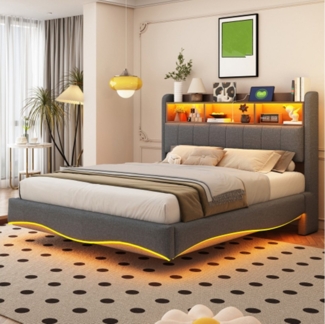 XDeer Polsterbett Polsterbett 140*200 Abgehängtes Design, multifunktionales Stauraumbett, Stauraumbett mit LED-Licht, USB- und TYPE-C-Schnittstelle
