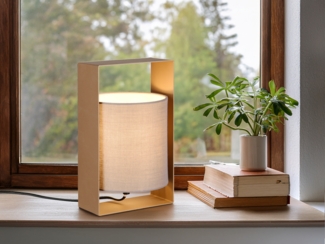 Moderne Tischlampe PAIL Metallrahmen Coffee, Stoffschirm Taupe, Höhe 27cm