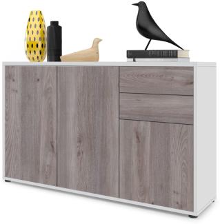 Vladon Sideboard Ben V3, Kommode mit 3 Türen und 2 Schubladen, Weiß matt/Eiche Nordic (117 x 74 x 36 cm)