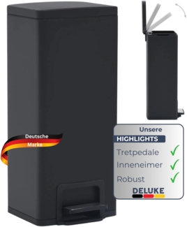 DELUKE® Mülleimer mit Fußpedal 30L Stahl - Inneneimer, ABS | Tretmülleimer Küche Abfalleimer mit Deckel Müllbehälter Kücheneimer Treteimer, Schwarz