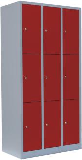 Schließfachschrank Wertfachschrank Fächerschrank Spind Umkleideschrank 9 Fächer-Spint Maße:180x88,5x50cm Grau/Rot 520334