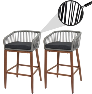 2er-Set Rope-Barhocker HWC-O22, Outdoor Sitzpolster Seilgeflecht Metall Holz-Optik ~ hellgrau, Kissen dunkelgrau