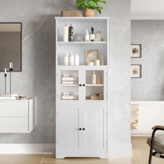 Merax 160cm Badezimmer-Hochschrank mit Stauraum, Badschränke, mit 2 offene Ablagefächer, verstellbare Trennwände, weiß