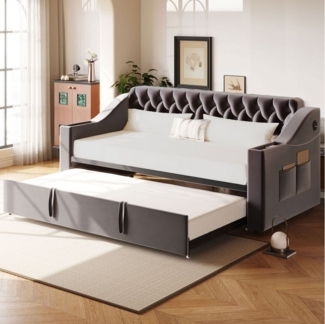 HAUSS SPOLE Schlafsofa 90/180x190 cm mit USB-Ladeanschluss, Ablagetaschen, Samt, Dunkelgrau