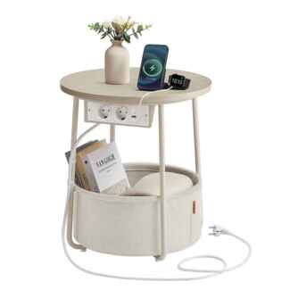 VASAGLE Beistelltisch rund, kleiner Tisch, Couchtisch mit Steckdose, Wohnzimmertisch, Korb aus Stoff, Stauraum für Wohnzimmer Schlafzimmer, Nachttisch modern, naturbeige-cremeweiß