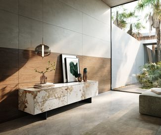 Lowboard Cuor 180 cm Keramik Minas Melange Weiß-Beige 1 Klappe 2 Schubfächer Fuß Schwebeoptik Metall Schwarz