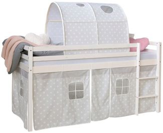 Hochbett Spielbett Kinderbett Kiefer Leiter Vorhang grau Stern 90x200 Tunnel