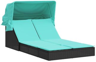 vidaXL Doppelte Sonnenliege mit Baldachin und Kissen, schwarzes Polyrattan 368645