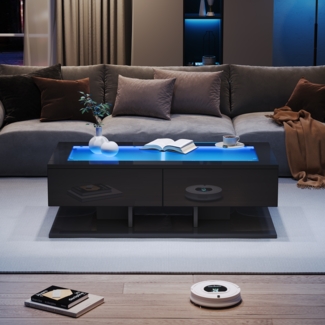 Couchtisch, Hochglanz Sofatisch mit Schubladen, Glasplatte und LED-Licht, MDF + Glas, Schwarz, 100×50×35 cm
