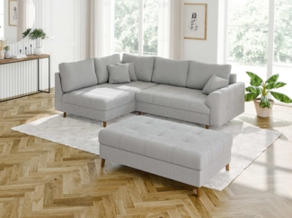 S-Style Möbel Ecksofa und Hocker Zara mit Schlaffunktion und Braun Holzfüßen aus Cord-Stoff, Ottomane links oder rechts bestellbar. Schlaffunktion in Kombination mit Hocker möglich, mit Wellenfederung