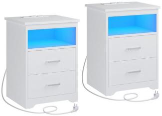 MSMASK Nachttisch Sofatisch mit LED-Beleuchtung, Nachtschrank mit Ladestation (2-St), USB-Anschlüssen, 2 Schubladen für Schlafzimmer, Wohnzimmer