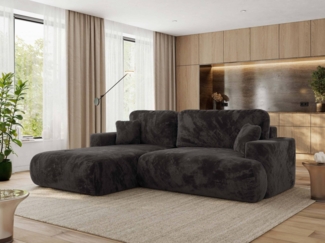 Ecksofa OVO mit schlaffunktion und bettkasten, Wellenfeder, lose Kissen, L-form 271x195 cm - Dunkelgrau Plüsch - linke Seite